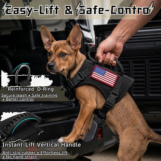 Tactical Dog Harness for Small Puppy, Escape Proof No Pull Military Dog Vest with Vertical Handle, Adjustable XS Puppy Harness with Chest Support Pad, Breathable Mesh, 2 Patches, Black