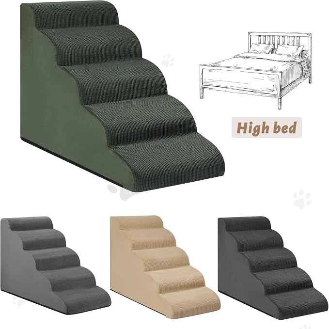Aodisman Dog Stairs for High Bed,5-Step Pet Ramp for Small Dogs and Cats | 22.2" H Dog Steps for Bed with High-Density Foam, Help Olders,Short-Legged Dogs,Puppy and Cats Get on Beds Easily,Grey,Green