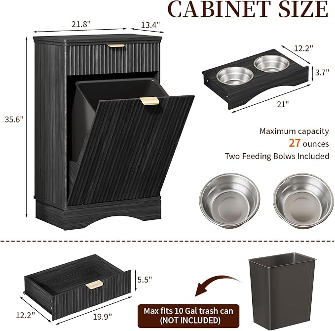 Dog Feeding Station,Dog Food Storage Cabinet,Pet Feeding Station with 2 Elevated Bowls,Hidden Pet Feeder Station with Hooks (Tilt-Out Dog Feeding Station-Black)