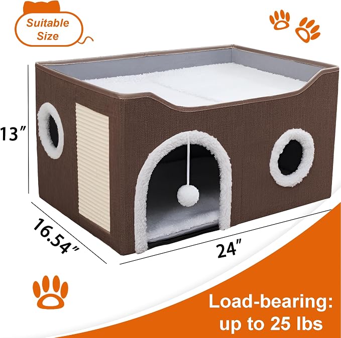 Loyareal Cat Houses for Indoor Cats - Large Cat Bed Cave with Scratch Pad and Fluffy Ball, Foldable Cat Condo Hideaway with Reversible Cushion for Multi Small Pet，Brown