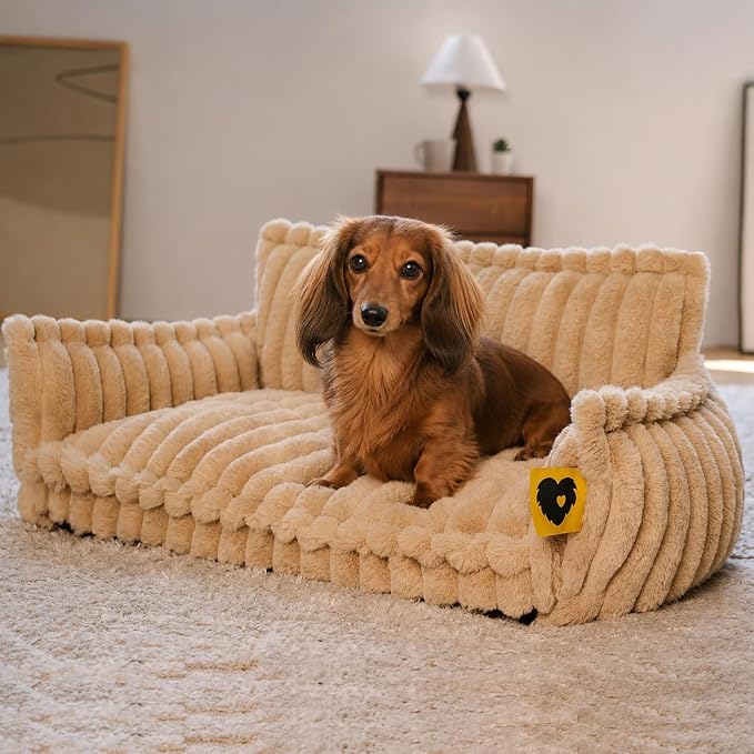 FUNNY FUZZY Dog Couch, Fluffy Orthopedic Supportive Pet Sofa with Pillow | Supportive Small & Medium Dog Bed Washable Cover, Cozy Corduroy Flannel, Non-slip, Snoozy Dream 31.4"×22.4" Up to 25 Lbs