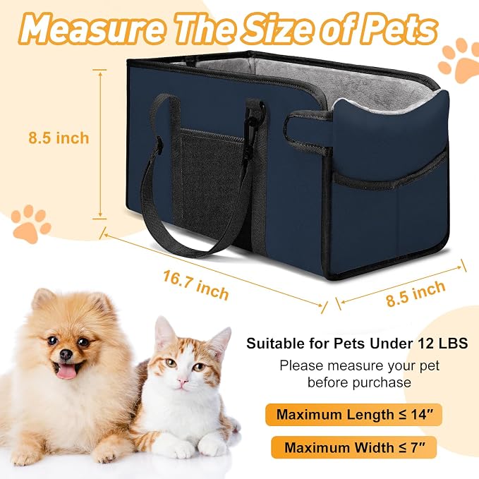Portable Dog Car Seat for Small Dogs, Puppy Car Seat, Navy Blue | Booster Seat With Safety Leash & Adjustable Straps Keeps Small Dogs Secure. Removable Washable Cushion. Fits Most Cars.