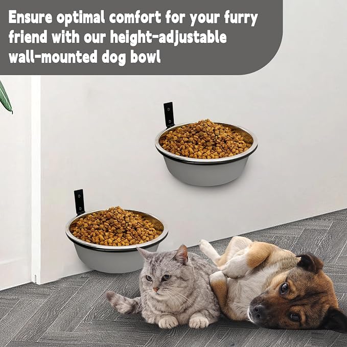 Wall Mounted Dog Bowls-2 * 48 Oz, Stainless-Steel Raised Adjustable | Height Dog Food and Water Bowls, Elevated Pet Comfort Feeding Bowl for Medium Large Dogs Cats