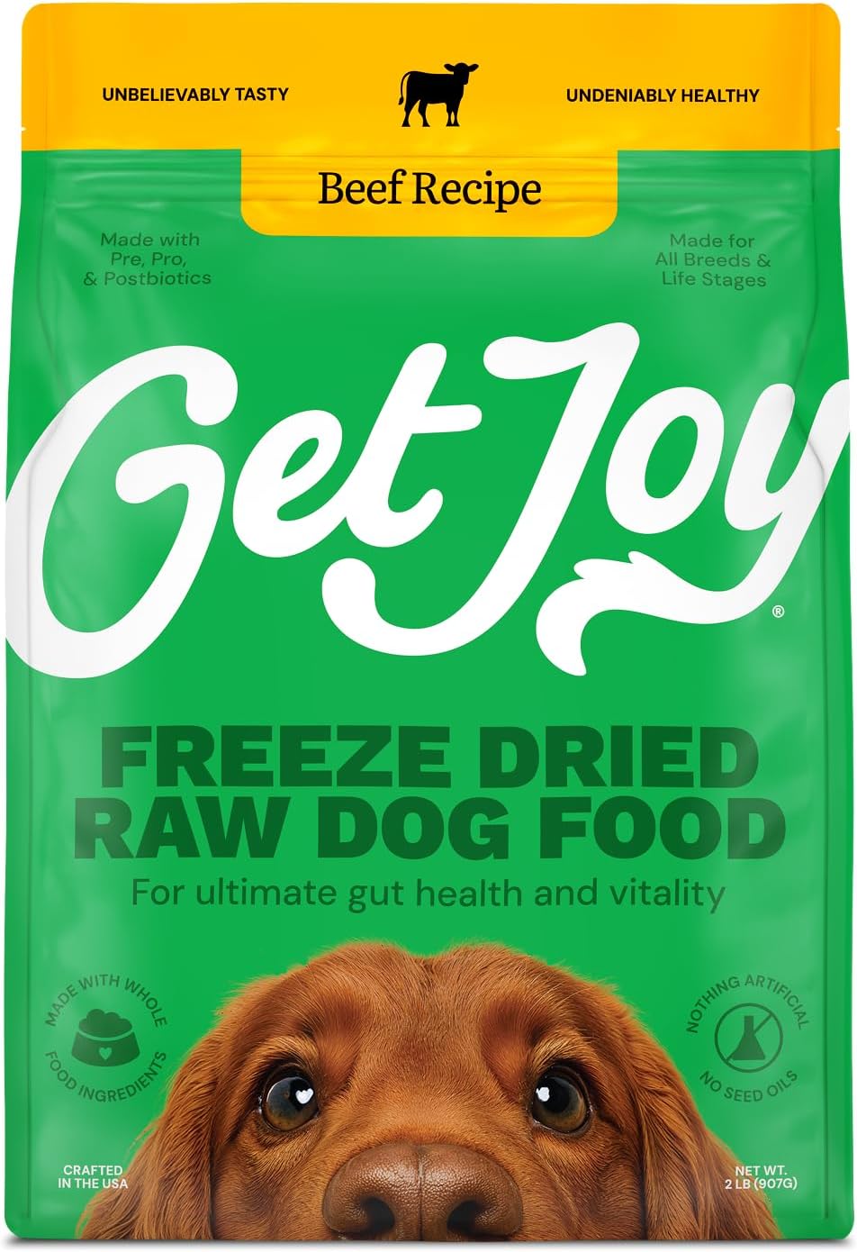 Get Joy Gut Health Fresh Freeze Dried Raw Meal, Beef Recipe, 16 Ounce Bag, Dog Food for Dogs of All Breeds and Life Stages, PhD Animal Nutritionist Formulated, USDA Beef, Made in USA