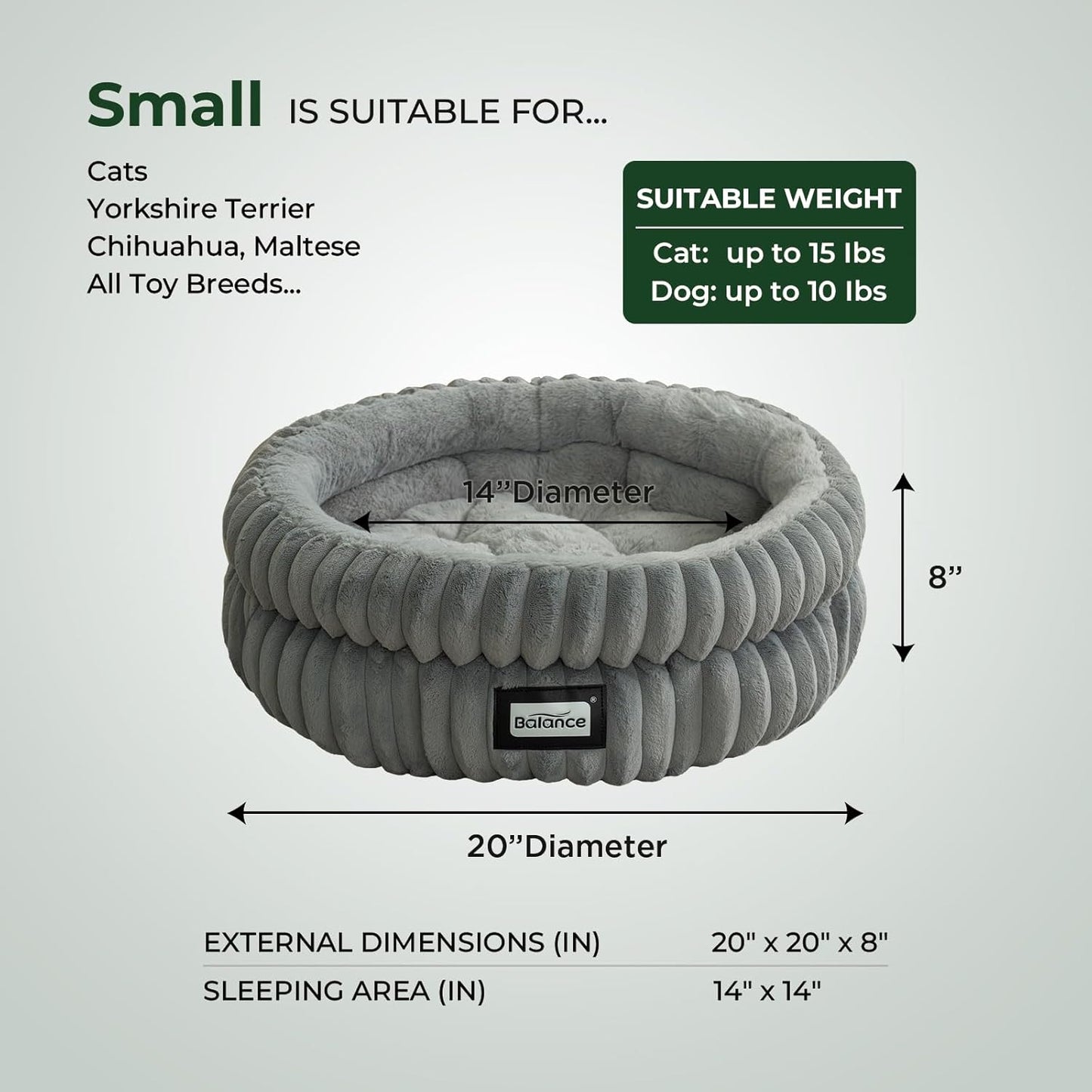 BALANCE Cat Bed Kitten Bed, Washable Round Cat Beds for Indoor Cats, Super Soft Plush Faux Fur Pet Bed for Puppy and Kitten with Anti-Slip Bottom