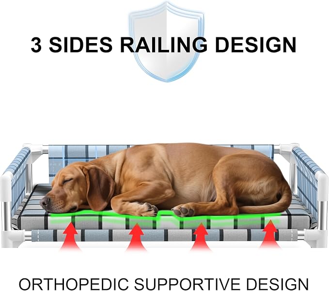 Elevated Dog Bed with with Guardrail & Cushion, Raised 3-Fence Dog Bed | Breathable Lifted Stainless Steel Frame Dog Hammock Bed with Mat for All Pets, Cooling Washable Dog Cot