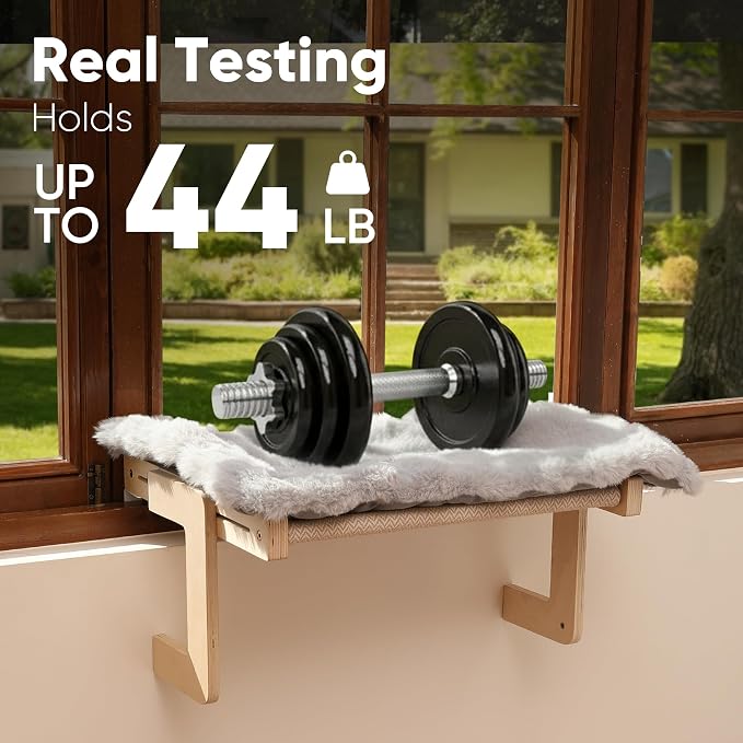 FUKUMARU Cat Window Perch, Sturdy Wood Hammock Window Bed for Indoor Cats | 3-in-1 Convertible Cat Bed for Windowsill, Bedside & Floor, Reinforced Metal Frame Hammock with Washable Fluffy Cushion