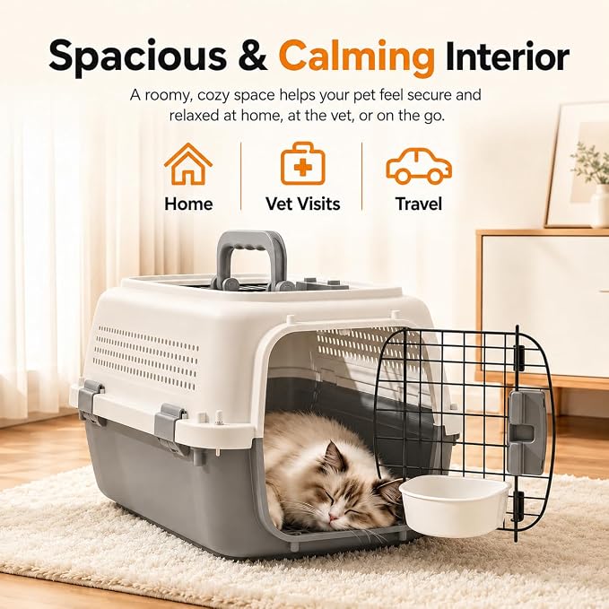 23" Airline Approved Cat Carrier Hard Shell, Dual-Entry Pet Carrier with Top & Front Doors, Detachable Food Bowl & Secure Lock, Breathable Dog Carrier for Cats & Small Dogs Up to 22 lbs - Grey