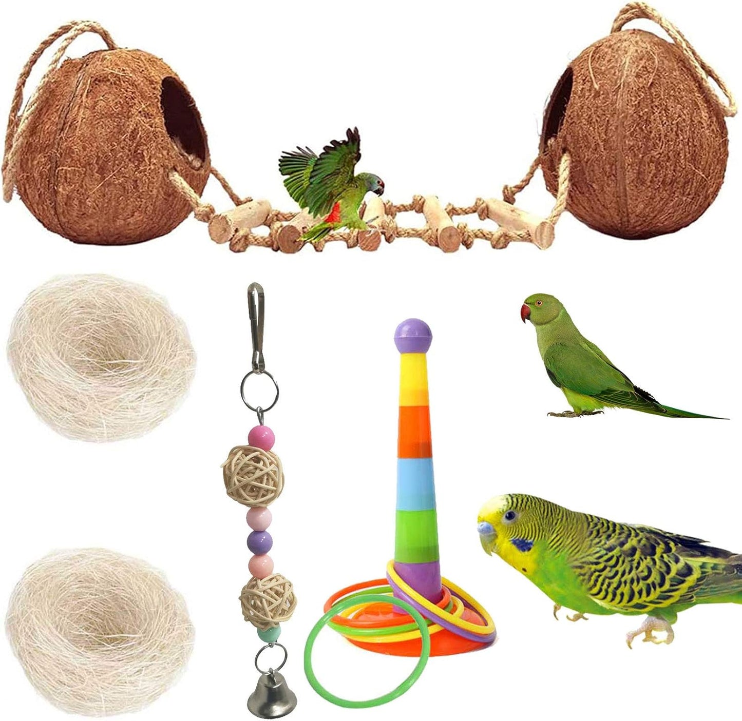 kathson 5PCS Bird Hides Coconut Nest with Ladder Perches Hanging Parrot House Cage Natural Coconut Fiber Parakeet Chewing Toys Intelligence Training Rings for Small Budgies Cockatiels