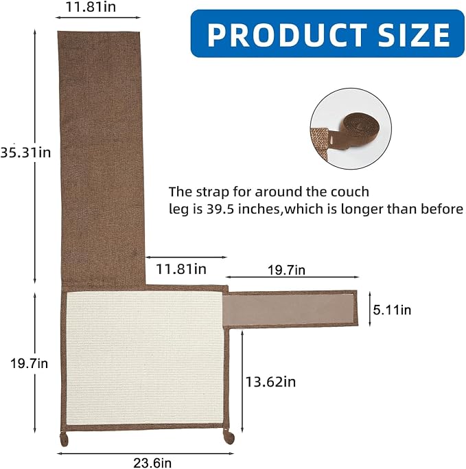 Cat Scratch Furniture Protector with Natural Sisal for Protecting Couch Sofa Chair Furniture,Couch Protector from Cat Claws 23.6L''*19.7W'' (Brown, Right Handed)