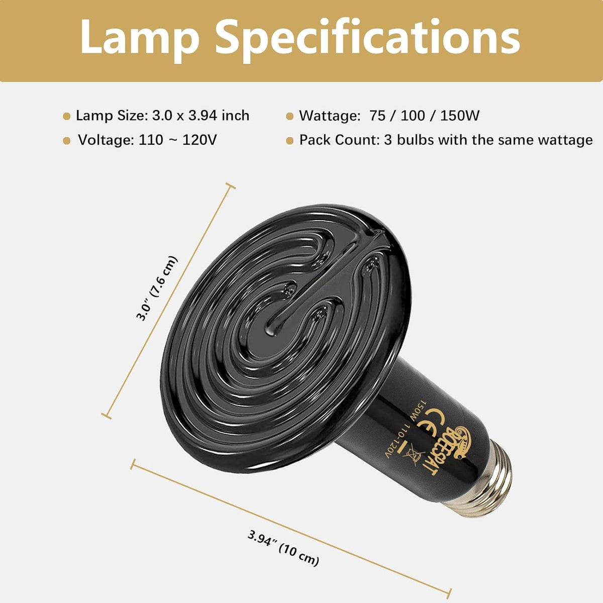 Pack of 3 Black Ceramic Heat Emitters, 100W Reptile Heat Bulbs for Lizards, Snake, Bearded Dragon, Reptiles & Amphibians, No Light & No Disturbing