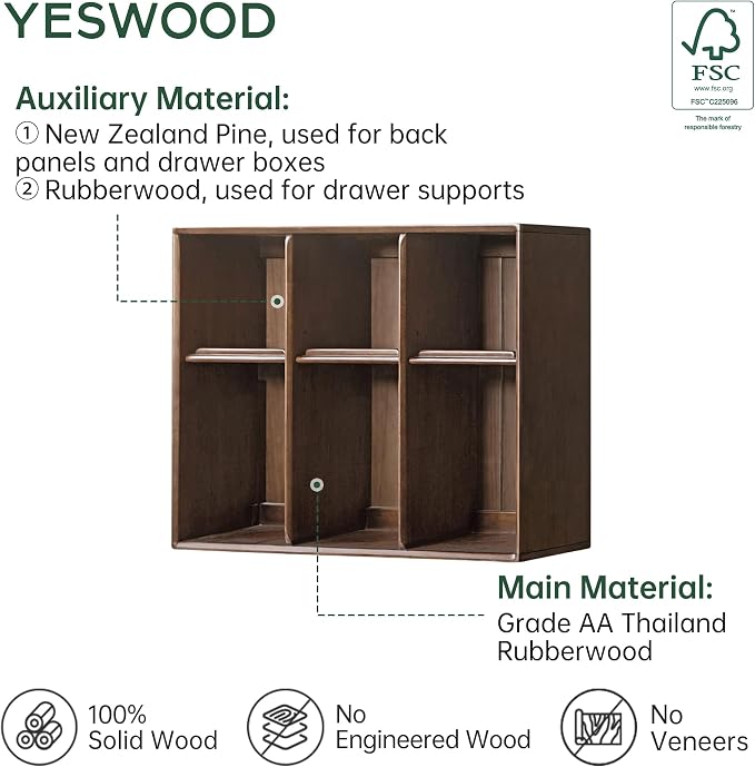YESWOOD Modular Bookcase Storage Cubes, 100% Solid Rubberwood TV Stand Free Combination, Small Walnut Color Buffet Cabinet for Living Room Bedroom Study