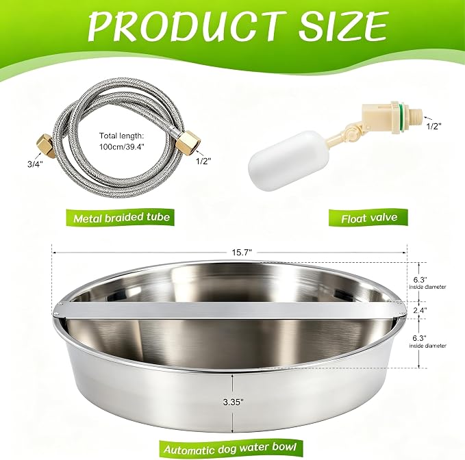 1.8 Gal Automatic Animal Drinking Water Bowl, Wide‑Opening Bowl | Divided Large Water Bowl, Stainless Steel Heavy-Duty, for Dogs Pets Chicken Duck Goat