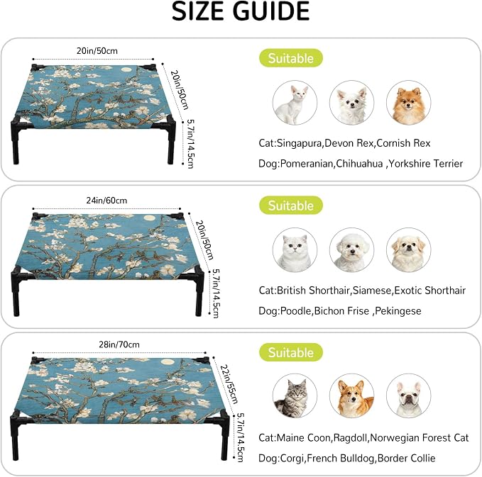 Outdoor Elevated Dog Bed for Medium Dogs, Flowers Branches Breathable Cooling Raised Dog Cot for Indoor/Outdoor, Farmhouse Turquoise Sky Moon Tree Waterproof Elevated Pet Beds, M 24 x 20 in
