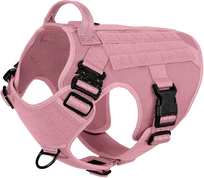 ICEFANG Tactical Dog Harness for Large Dogs,Reflective No Pull Dog Vest | with Control Handle,Adjustable,Front Hook,2 Leash Clips,Soft Padded,MOLLE Panel,Pink,Large