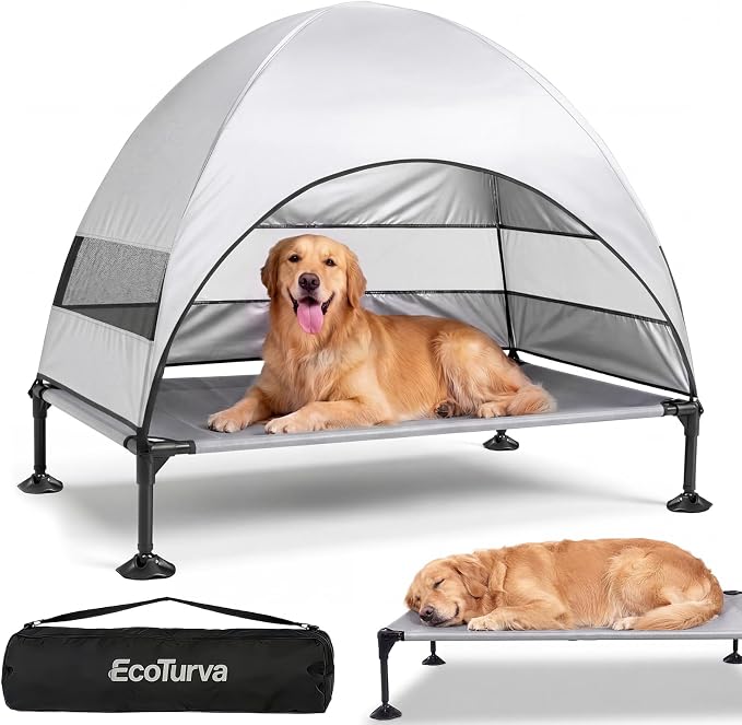 Elevated Dog Bed with Canopy - 3-Sided UV Protection Pet Tent with Wider Shade, Raised Cooling Outdoor Dog Cot with Breathable Mesh for Medium Large Dogs, Portable Pet Bed for Camping, Patio (Grey, L)