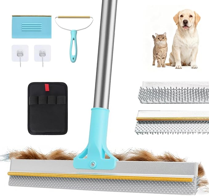 Lazyfeel Pet Hair Remover for Carpet & Upholstery, Adjustable Handle | Double-Sided Rubber Carpet Rake for Dog & Cat Fur. 4-Piece Kit: Rake, Mini Brush, Gap Scraper, Grooming Glove. Reusable.