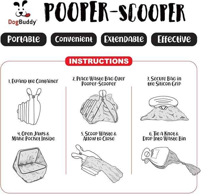 DogBuddy Pooper Scooper, Portable Dog Pooper Scooper, Poop Scooper for Small and Large Dogs, Pooper Scooper with Bag Attachment, Leash Clip and Dog Waste Bags Included (Medium, Pink)