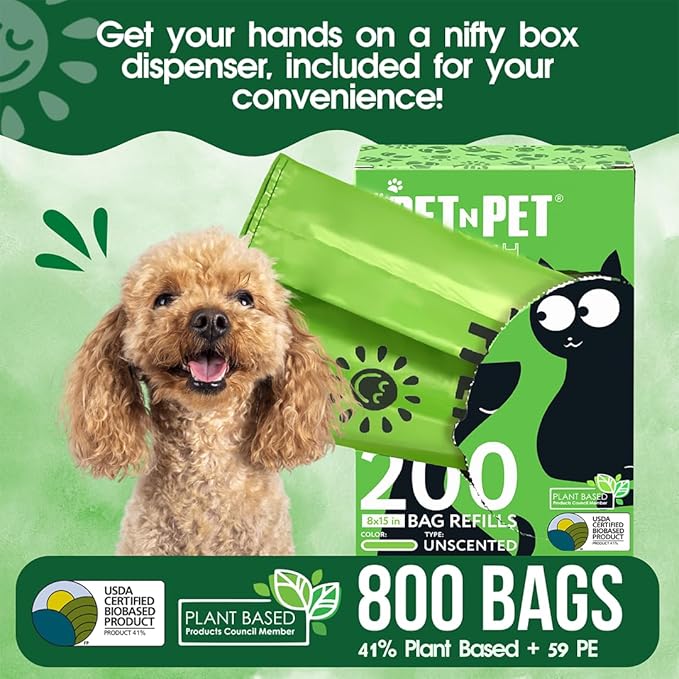 Pet N Pet 800 Counts Unscented Dog Poop Bags Rolls with Tie Handles, 41% Plant Based & 59% PE Poop Bags for Dogs, Extra-Thick Doggie Poo Bag, Pet Waste Bag