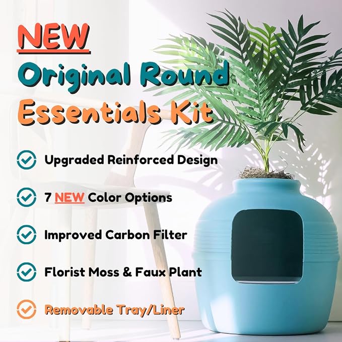 Good Pet Stuff Original Hidden Litter Box Planter, Decorative Cat Litter Enclosure with Carbon Filter, Artificial Palm Plant, Upgraded Design, Easy Clean Litter Tray, Essentials Kit, Caribbean Blue