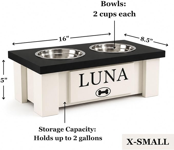 Elevated Dog Bowls for Small Dogs, Personalized Food Stand for Toy Breed | Farmhouse Style, Elevated Wood Stand, Storage Container, Stainless Steel Bowls, Raised Anti-Slip Feeder, Made in USA