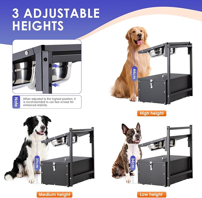 Elevated Dog Water Bowl with Storage Box Large Breed, 3 Adjustable Height | Raised Dog Bowl with Stand, Stainless Steel Pet Food Bowl & Water Bowl Indoor & Outdoor Use, Easy Clean