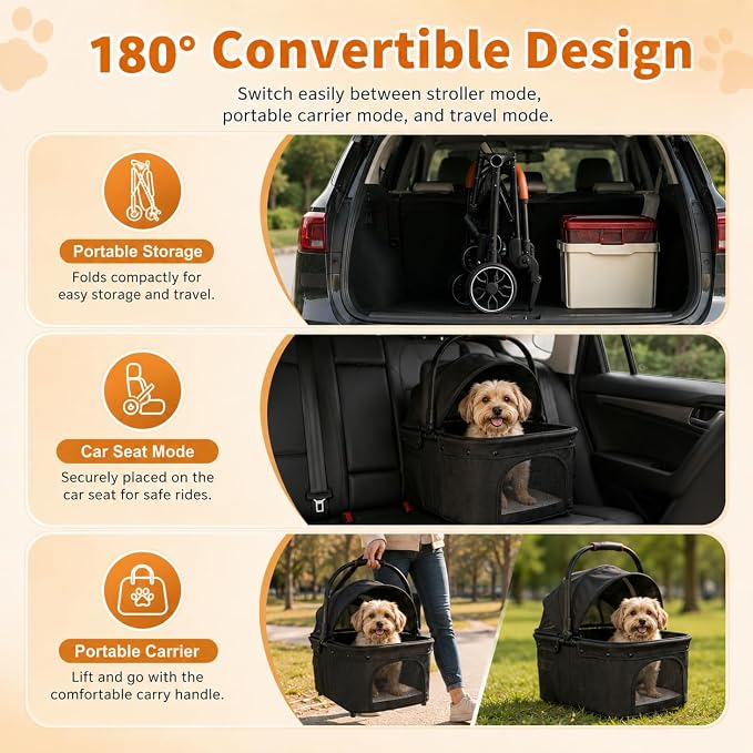 Pet Stroller for Small Dogs and Cats, Detachable Dog Cat Stroller with All-Terrain Shock Absorbing Wheels, One-Click Foldable Design, Adjustable Canopy (Khaki)