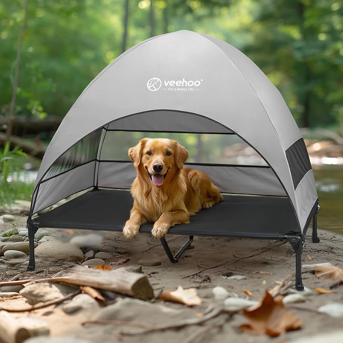 Veehoo Outdoor Dog Bed with Canopy, Cooling Elevated Dog Shade for Outside | Portable Raised Dog Cot with Removable Shade, Sun Protection Dog Tent Outdoor for Camping, Beach, 49" x 42.5", Black