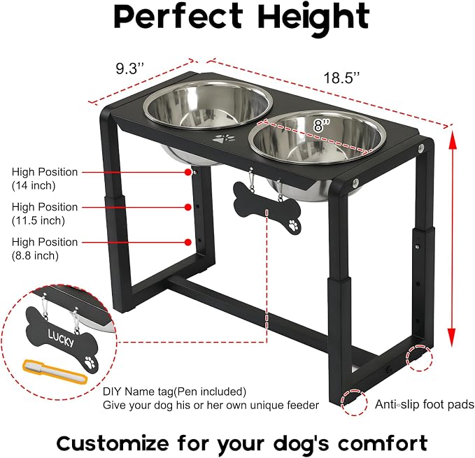 Metal Elevated Dog Bowls, Raised Dog Bowls for Medium/Large Sized Dogs with Two 58oz Stainless Steel Food Bowls, 3 Adjustable Height (8.8"/11.5"/14") Dog Bowl Stand Protect Neck & Joints