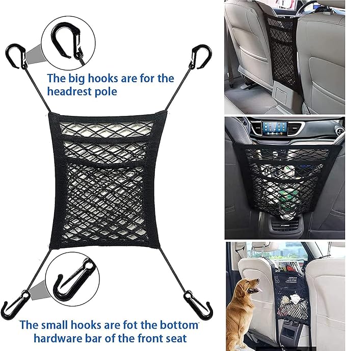 3-Layer Stretch Car Mesh Organizer, Car Seat Net, Dog Net for Barrier | 3-Layer Stretch Car Back Seat Mesh Organizer, Seat Back Net Bag, Dog Car Net Barrier, Kid Backseat Barrier, Storage Net Pouch