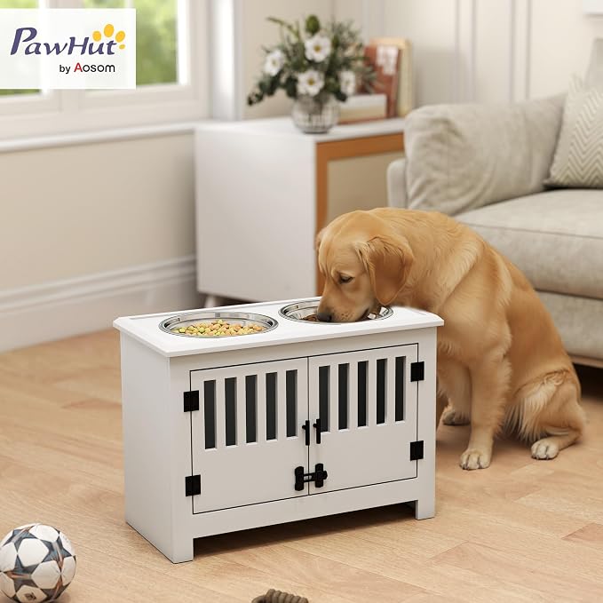 PawHut Large Elevated Dog Bowls with Storage Cabinet - 37L Capacity, Raised Dog Bowl Stand Feeding Station, White | Raised Dog Bowl Stand Pet Food Bowl Dog Feeding Station