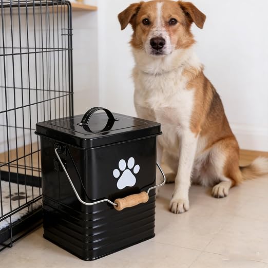 1.85Gal/7L Small Outdoor Trash Can with Lid, Metal Dog Poop Trash Can Outside, Dog Waste Container Bucket Handle(75 Trash Bags Included)-Black