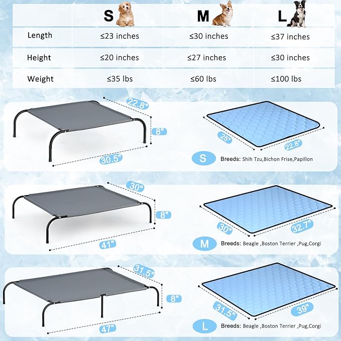 SZEE Elevated Dog Bed, Cooling Dog Cot Bed, Support Up to 100 LBS for Large Breeds, with Durable Steel Frame, Reversible Ice Silk Mat & Sturdy Teslin Mesh, Outdoor & Indoor All-Season Use - L