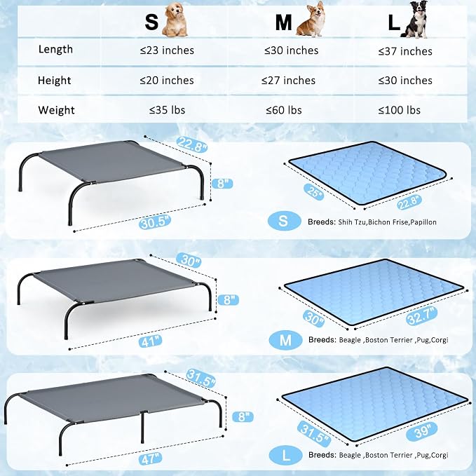 SZEE Elevated Dog Bed, Cooling Dog Cot Bed, Support Up to 65 LBS for Small Breeds, with Durable Steel Frame, Reversible Ice Silk Mat & Sturdy Teslin Mesh, Outdoor & Indoor All-Season Use - S