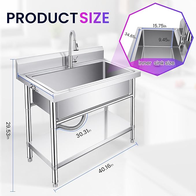 Metal Slop Sink, Single Bowl Wash Station, Catering Tub for Backyard, Chef