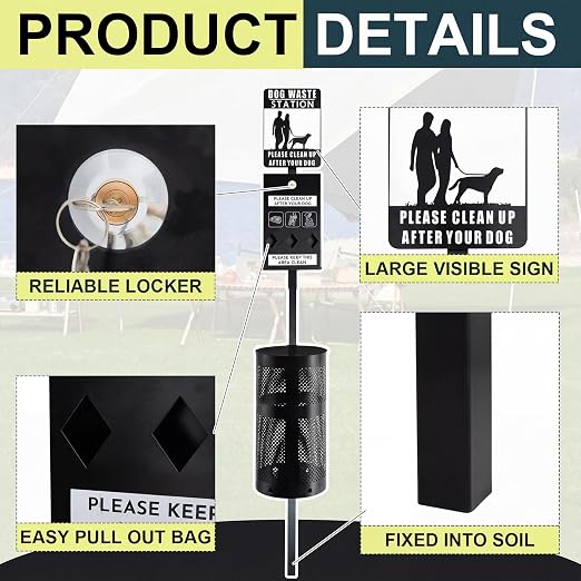 Qinyoung Dog Waste Station Galvanized Steel Outdoor Pet Bin with Poop Bag Dispenser Reflective Sign Rust Proof for Backyard Commercial Park (Black)