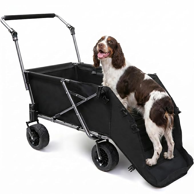 REDCAMP Folding Dog Wagon for Large Dogs, 110lbs Heavy Duty Pet Stroller | 17.3" Extendable Rear Ramp for 2 Medium Dogs, All-Terrain Dog Cart with Brakes & Push Handle for Senior Pet, Black