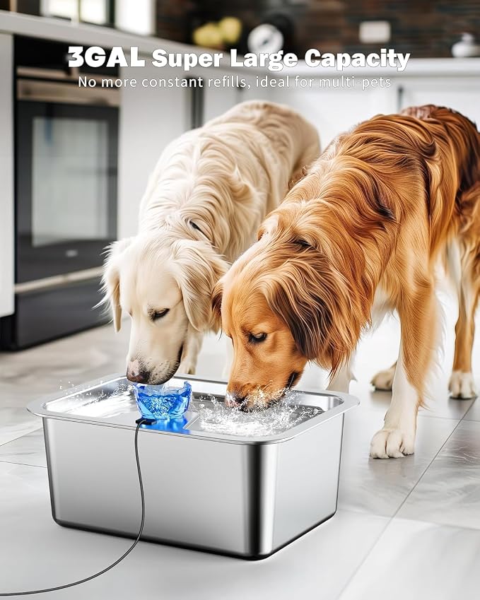 Stainless Steel Dog Water Fountain,3 Gallon Large Pet Water Fountains for Dogs and Cats, 11L /386oz Dog Water Bowl Dispenser w/Filter Drinking Bowls Indoor, Cat Founatin Quiet Pump, Easy to Use | 1.2 in deep drinking area, quiet pump, filtered flowing ...