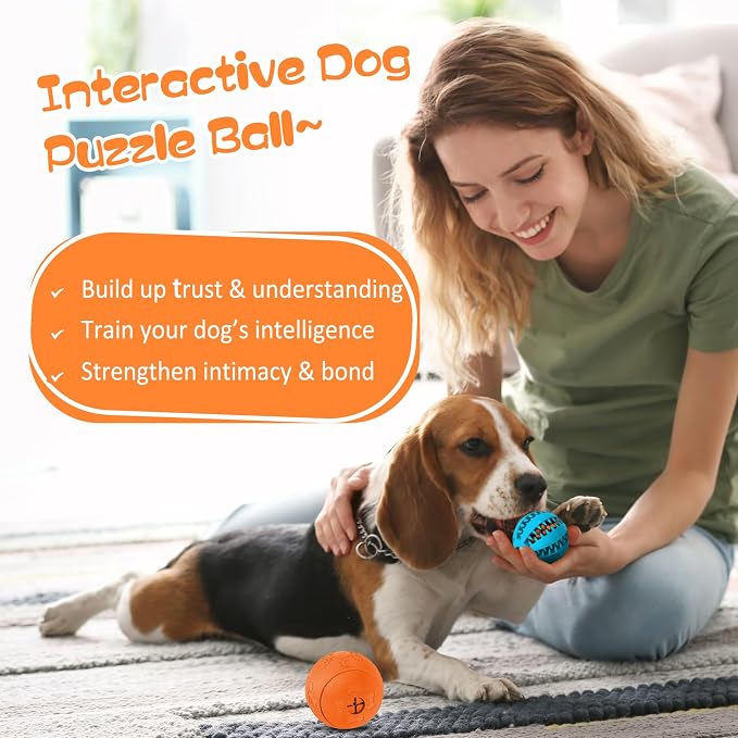 HIPPIH Dog Puzzle Toy 2 Pack, Interactive Dog Toys for Treat Dispensing, Durable Puppy Toys for Teething, Dog Treat Ball for Teeth/Slow Feeder/IQ Training/Playing, Blue-2.75‘’, Orange-3.14‘’