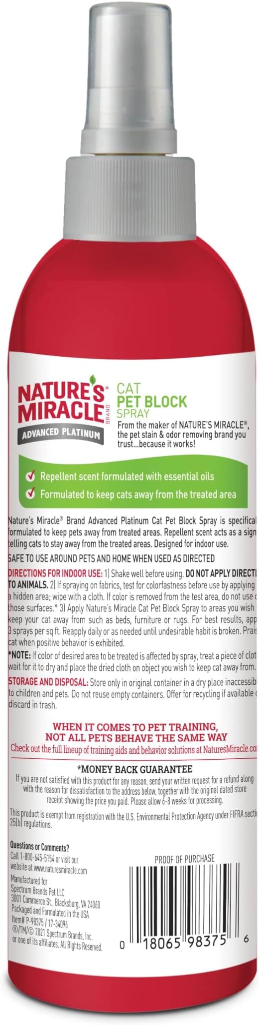 Nature's Miracle Advanced Platinum Cat Pet Block Repellent Spray, 8 Ounces, Indoor Training Aid for Cats