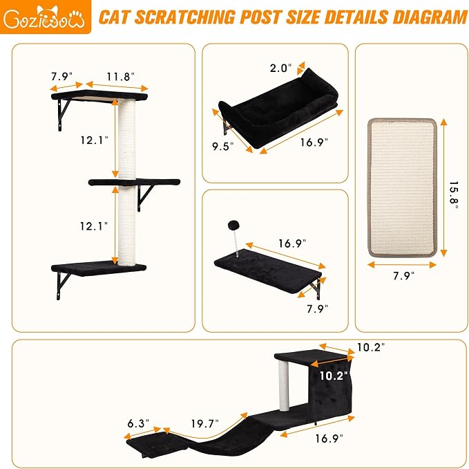 5 Pcs Wall-Mounted Climber Set, Wood Indoor with Shelves and Perches, Ladder, Condo House, Scratching Board and Tree, Wall Shelves Furniture for Cats (Black)
