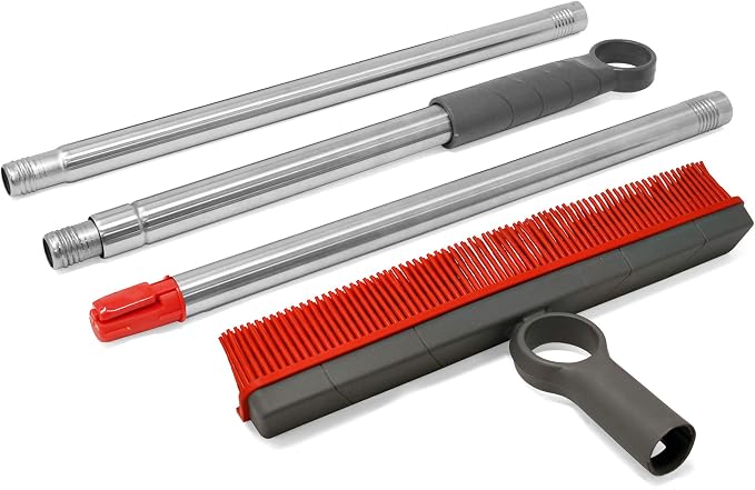 Premium Rubber Floor Brush with 11.5-Inch Squeegee & Stainless Steel Handle - for Carpets & All Surfaces - Pet Hair Fur Remover Broom - Extendable up to 56 Inches