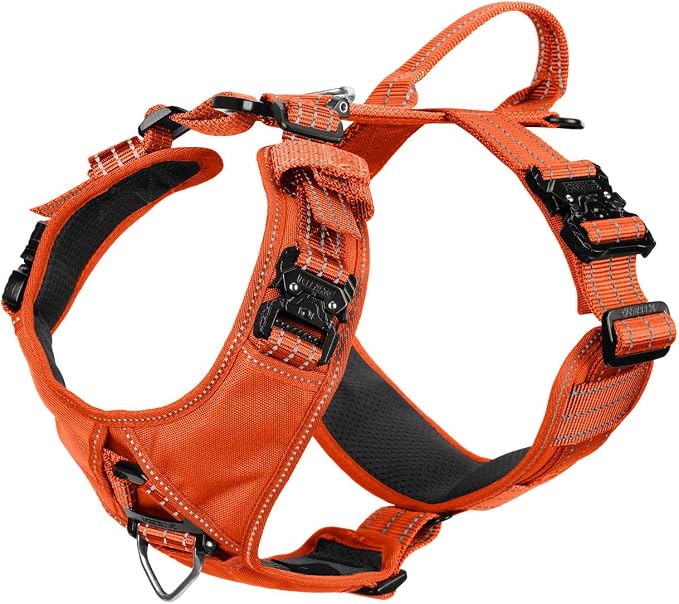 ICEFANG Dog Halter Harness with Metal Buckles,Dog Strap Vest for Large Dogs | Control Handle,Summer-Cooling,Reflective,Front Hook,Adjustable,Soft Padded,No Pull,Orange,Large