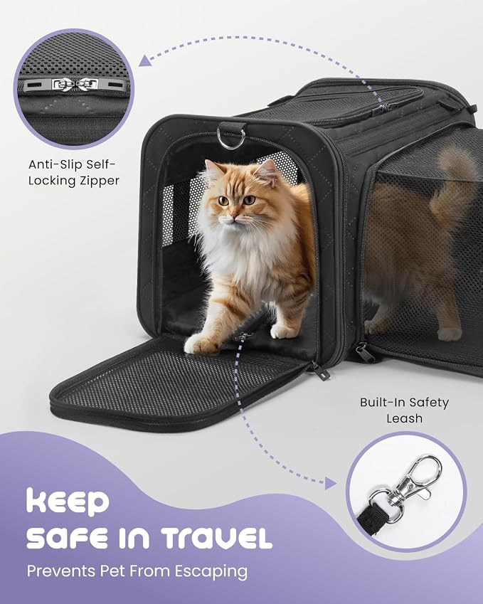 MIDOG Cat Carrier Soft for Small-Medium Cats Up to 15lbs, Airline Approved | Expandable Square Design,Comfort & Breathable Window,Equipped with anti-slip lock zippers and an internal safety leash
