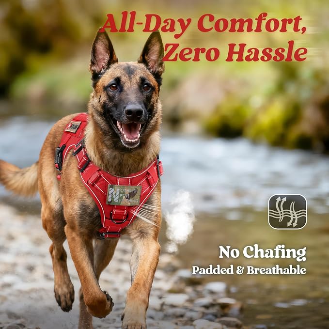 rabbitgoo Tactical Dog Harness for Large, Heavy Duty Military No Pull Vest | Sturdy Metal Buckles, 5 Adjustments, Molle System, Powerful Pullers for Training, Hunting, Outdoor, Red Reflex, Large