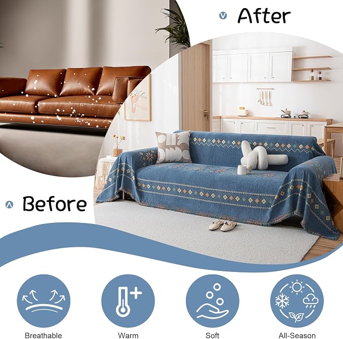 VClife Boho Couch Cover Blue Geometric Jacquard Pattern Sofa Cover, 1 Piece Large Couch Covers for 3 Cushion Couch Sofa Washable Plush Chenille Sofa Protector for Living Room, 71x150 Inch