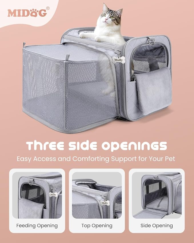 MIDOG Cat Carrier Soft for Small-Medium Cats Up to 15lbs, Airline Approved | Expandable Square Design,Comfort & Breathable Window,Equipped with anti-slip lock zippers and an internal safety leash