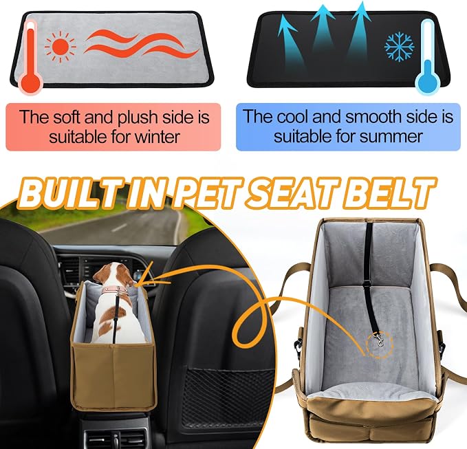 Portable Dog Car Seat for Small Dogs, Puppy Car Seat, Khaki | Booster Seat With Safety Leash & Adjustable Straps Keeps Small Dogs Secure. Removable Washable Cushion. Fits Most Cars.