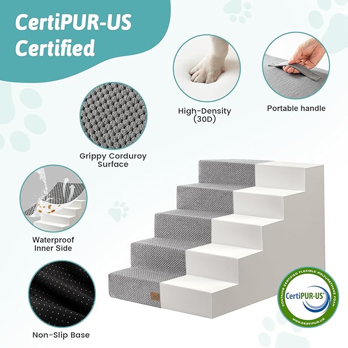 Dog Stairs for Small Dogs 17.7" H, 5 Step Gentle Incline Pet Step for Couch and Beds, Right-Angle Dog Ramp for Puppy Doggie Senior Cats, 17.7x29.5x17.7 Inch, Grey