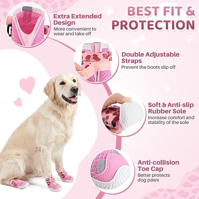 SlowTon Dog Shoes for Large Small Medium Dogs - Breathable Dog Boots for Summer Hot Pavement, Paw Protector for Outdoor Walking Winter Snow, Anti-Slip Rubber Dog Booties for Hardwood Floor (LP PI, 4)